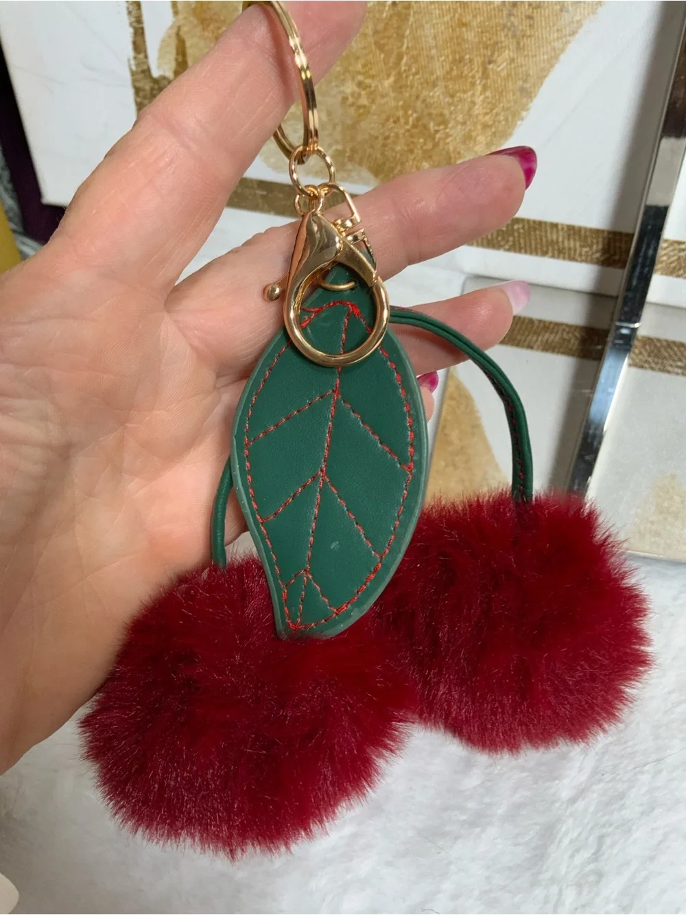 Green Leaf and Red Pom Pom Keychain Charm